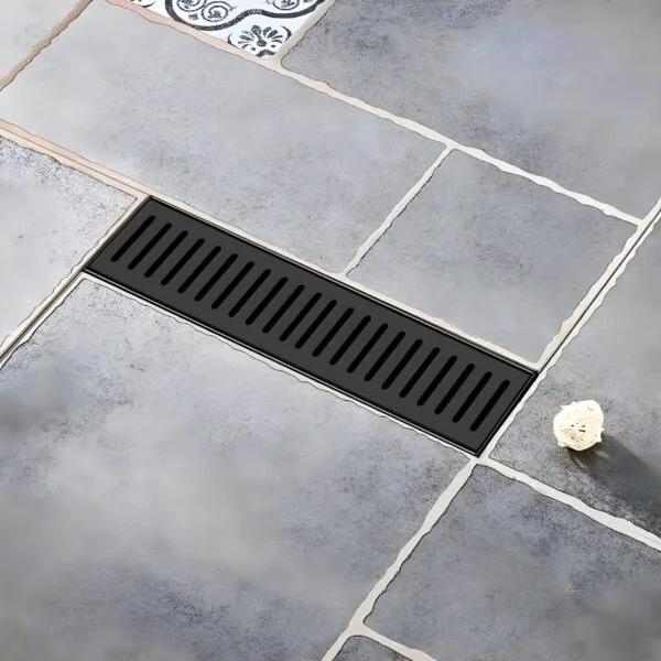 24″ x 4″ Grade SS 304 Black PVD Coated Shower Water Drainer Floor Bathroom Grating with Cockroach Trap, Side Hole, and Collar - 16"