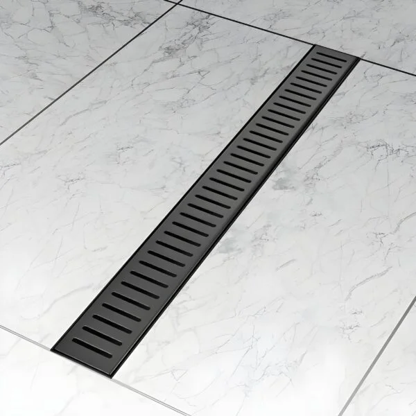 24″ x 4″ Grade SS 304 Black PVD Coated Shower Water Drainer Floor Bathroom Grating with Cockroach Trap, Side Hole, and Collar - 24"